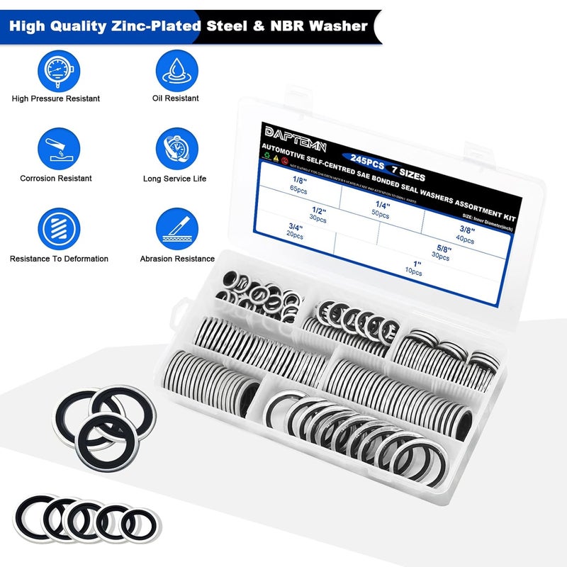 Daptemn 245 PCS SAE Bonded Sealing Washers Assortment Kit, 7 Size NBR Zinc-Plated Steel Self-Centred Sealing Rubber Washers, Automotive Seal Gasket Crush Washers Set, Includes Sizes of 1/8" - 1" - Image 3